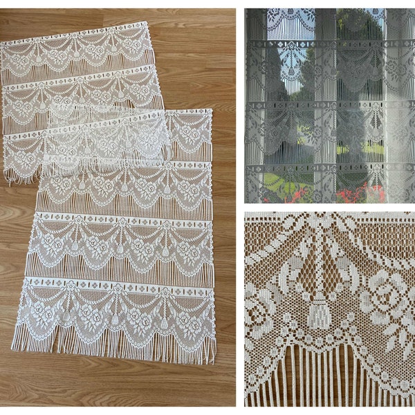 Vintage - French  Light Filtering White Lace Net Floral Cafe Curtain / Bistro / Panel Curtain (2 Lengths Available - 60 x 64cm / 60 x 86cm)