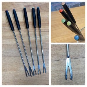 Set of 5 - Vintage French Black Plastic and Stainless Steel Fondue Forks / French Kitchen Serving Utensils 1980&#39;s