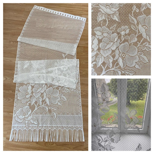 Unused - Traditional French Single Panel Long and Narrow Lace Net Floral Panel / French Door Curtain with Tassels (61 x 220cm)