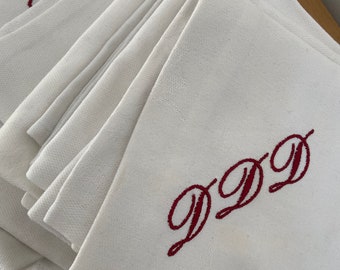 x6 Large French Antique White Damask Linen with Burgundy Red Hand Embroidered Monogram 'DDD' Serviettes (54cm / 21")