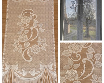 Unused - Traditional French Floral Polyester Panel Curtain with Tassels / Floral and Bows / White Net Curtain (61 x 118cm) ** 2 Available **