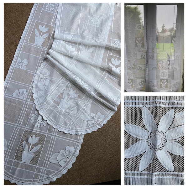 Unused - Pair of French Floral White Lace Net French Door Curtains with Rounded Hem / Embroidered Look / Long and Narrow (60 x 160cm)