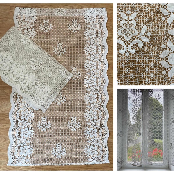 Pair of French White Floral Net Lace, Scalloped Edged Panel Curtains / French Door Curtains / French Window Curtains (57 x 92cm)