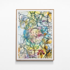 Fun abstract original watercolor mixed media painting print.  Intuitive meditative wall art,  Artwork Gift Idea doodle art poster neuro art