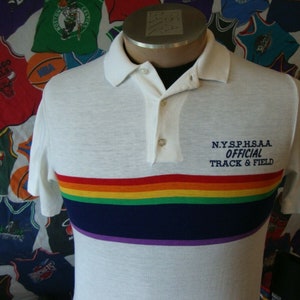 Vintage 80s Rainbow Stripe White Track Polo Shirt M