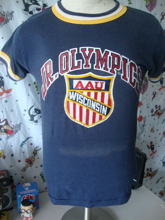 Vintage Champion Blue Bar Tag Wisconsin Jr Olympics Ringer T