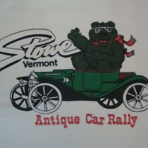 Vintage 80er Jahre Vermont Stowe Antik Auto Rallye Bär weich dünn weiß T Shirt S