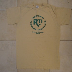 May include: A light yellow t-shirt with a green circle logo that says "Region XI RTI Teenage Institute Camp NEOSA 1982".