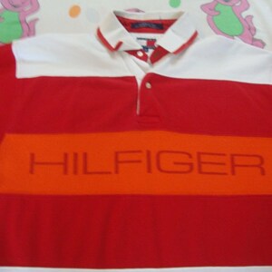 Polo vintage TOMMY HILFIGER a righe arancioni Rap Hip Hop anni '90 con colletto taglia M