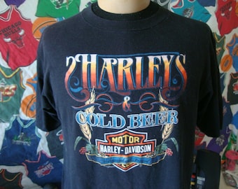 Vintage Harley Davidson 3D Emblem Cold Beer T Shirt L