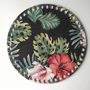 Base de cesta de crochet, fondo de madera circular de 20 cm, estampado de Monstera, tapa/tapa de cesta de madera de 20 cm, base para bandeja de crochet, base de macramé, fondo de cesta