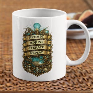 May include: White ceramic mug with a wraparound design featuring the words "PROMPT, ADJUST, ITERATE, REPEAT" in a decorative banner. The design includes a lightbulb, gears, and other tech-related elements. The mug has a curved handle.