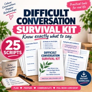 May include: A Difficult Conversation Survival Kit featuring 25 scripts, a conversation planner, and quick-reference sheets. The kit includes printed pages with text, a white mug with the text Better Conversations A Brighter You, and a black pen.