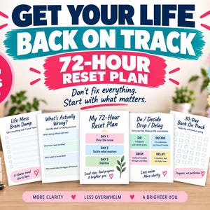 Op de afbeelding: Een 34-pagina tellende digitale planner-set voor een 72-uurs resetplan met geprinte vellen getiteld Life Mess Brain Dump, What's Actually Wrong, My 72-Hour Reset Plan, Do/Decide/Drop/Delay en 30-Day Back On Track, inclusief mok en zwarte pen.
