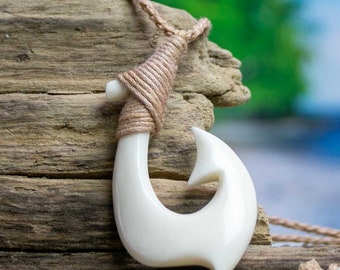 Fish Hook Necklace - Hand Carved Bone Necklace by Bali Necklaces