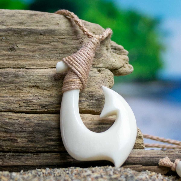 Fish Hook Necklace - Hand Carved Bone Necklace by Bali Necklaces