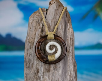 44mm XL Hand Carved Maori Koru Eternal Friendship Water Buffalo Bone Necklace #3 