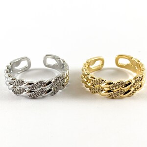 Real Gold 18K Plated CZ Pave Braided Double Band Adjustable Ring