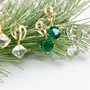 Real 18K Gold/Silver Plated Clear or Green Diamond Shape Dangle Earrings Over Copper