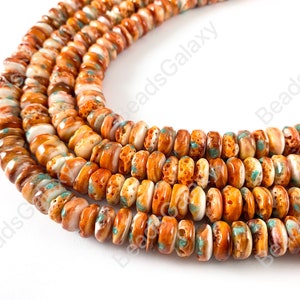 Spiny Oyster+Turquoise Natural Rondelle Beads - Natural Orange Color and Turquoise Color. Non Treated 15-16&quot;