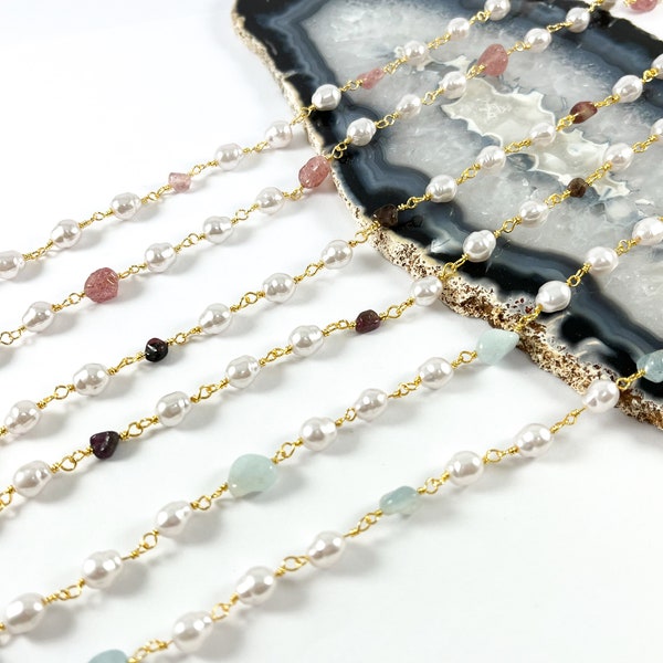 Gold 18K Plated Cream Imitation Pearl & Strawberry Quartz/ Tourmaline/ Aquamarine Wired Chain By The Foot/Yard For Jewelry Making/Designs