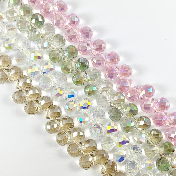 8x10mm High Quality Crystal Briolette Faceted Shiny Puffy Teardrop Top Drilled Crystal Beads Strand