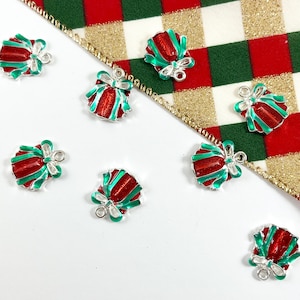 17x19mm Pewter Enamel Christmas Red & Green Silver Gift Box Charm | Bulk Option Available