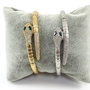 Real Gold/Platinum 18K Plated Copper CZ Pave Snake Bypass Open Hinge Bracelet Cuffs