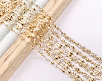 Tiny Dainty White Imitation Pearl With Gold Beads Chain in Real Gold 18K Plated Copper By The Foot/Yard For Jewelry Making/Designs