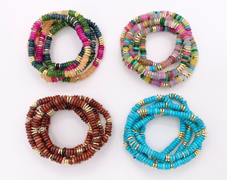 Bracelets extensibles de pierres précieuses assorties de 6 mm Rondelle colorée avec entretoises plaquées or Bracelets de perles 6,5 pouces Prix pour 1 image 8