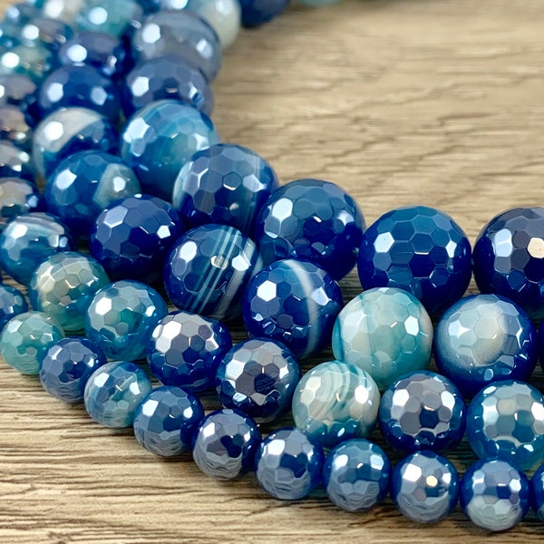 Mystic Electroplated Coated Faceted Round Sardonyx Agate Blue