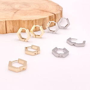 Minimalist Hexagon Shaped Earring Huggies 18K Gold or Silver Plated Over Brass Earrings