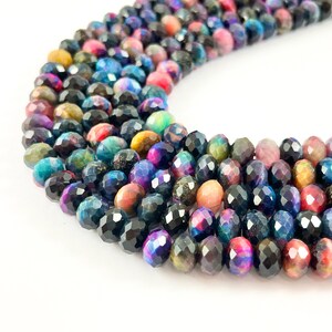 6.5x9.5mm High Quality Hand Cut Dark Rainbow Galaxy Tiger&#39;s Eye Rondelle Shiny Gemstone Beads Around 15&quot;