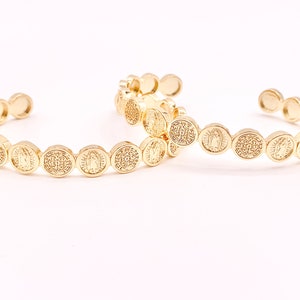 Real Gold 18K Plated Copper Religious Mary St Benedict Coin Adjustable Bracelet Cuff