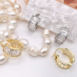 Fancy Baguette Earring Hoop Huggies in Real Gold/Silver 18K Micro Pave CZ