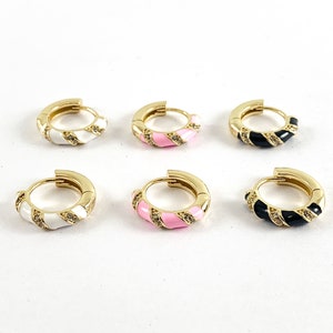 Real Gold 18K Plated CZ Pave Enamel Circle Earring Huggies