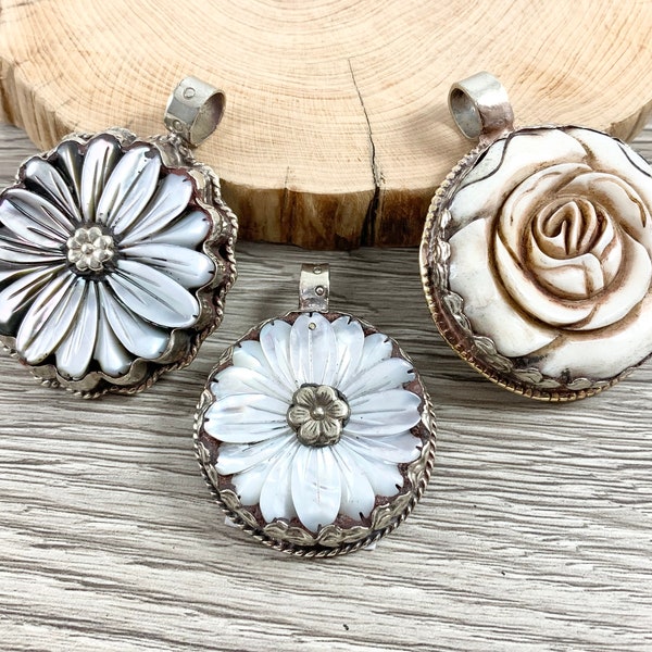 Tibetan Silver Bone Flower Pendant And White Lip Shell Flower Pendant Handmade Hand Carved Pendant