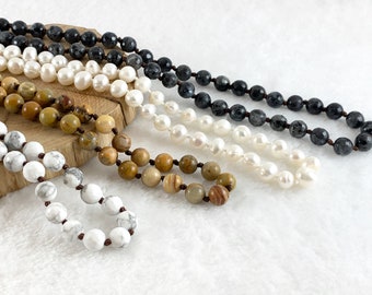 36" Handmade Gemstone Knotted Necklace - Freshwater Pearl, Natural White Howlite, Black Labradorite, Crazy Lace Agate Beaded Necklace