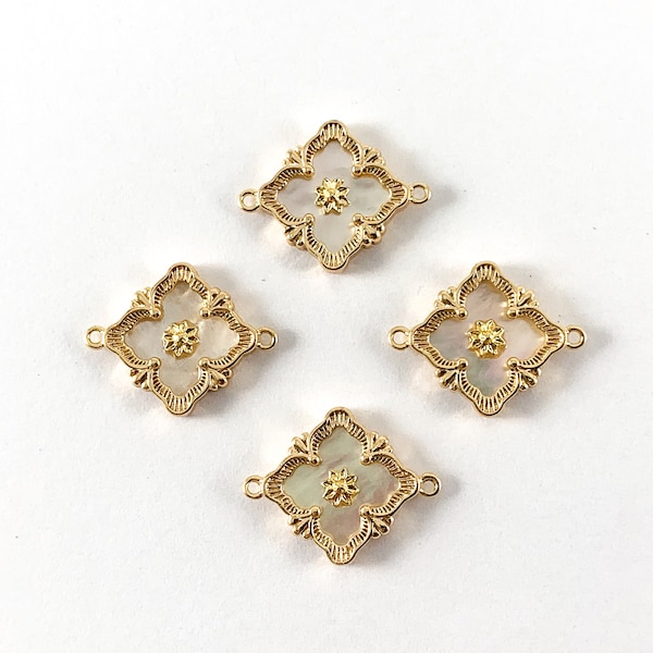 18K Gold Plated Brass Mother of Pearl Clover Connector Charm Over Brass