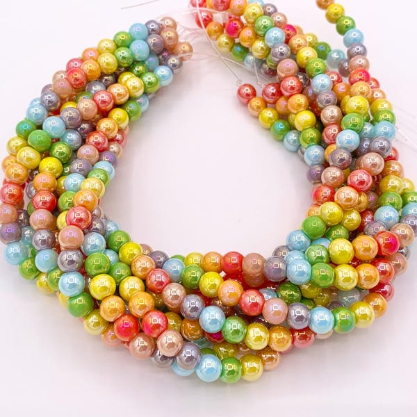 6mm Electroplated Multicolor Round Shiny Glass Beads 1 Strand 10.5" Price 1 Strand