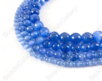 Faceted Round Cat's Eye Dyed Cornflower Blue Beads Around 15"