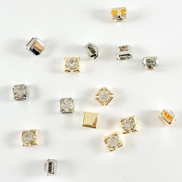 Square Rhinestone Bead 4 hole Slide Spacer Beads in 18K Gold or Silver Plated Copper for Jewelry Making