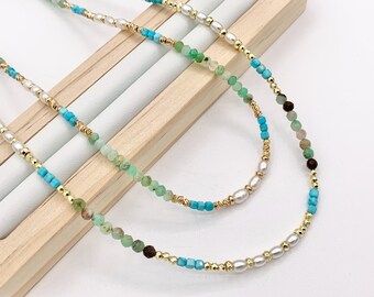 Delicate Chrysoprase, Magnesite & Pearl Necklaces 18K Gold Plated Copper Cute Choker Finished Necklace 16" Price For 1 Necklace