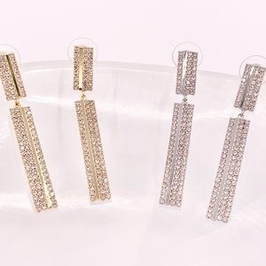 Stunning Vertical Bar Cubic Zirconia Dangle Earrings in 18K Gold or Silver Plated Copper