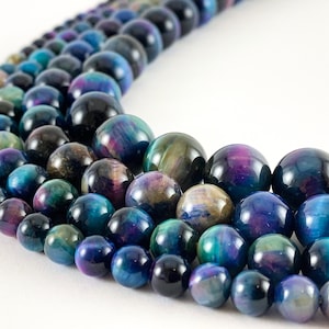 Rainbow Galaxy Blue Tiger&#39;s Eye Round Smooth Shiny Natural Gemstone Beads 15&quot;- 16&quot;