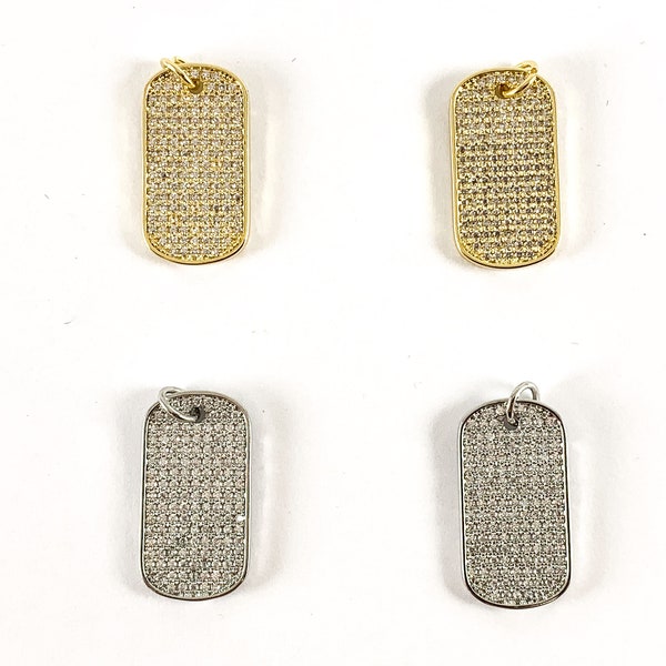 Real Gold/Platinum 18K Plated Micro CZ Rectangular Pave Tag Charm Pendant Over Brass