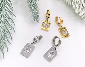 Stainless Steel CZ Pave Rectangle Earrings Huggies in 18K Gold/Silver plated Stainless Steel