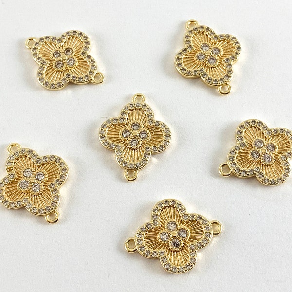 Real Gold 18K Plated Micro CZ Flower Quatrefoil Clover Pave Connectors Over Brass