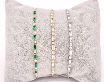 Dainty Emerald Cut CZ Pave Rhinestone Box Chain Dainty Slide Adjustable Bracelets in 18K Gold or Silver Plated Copper