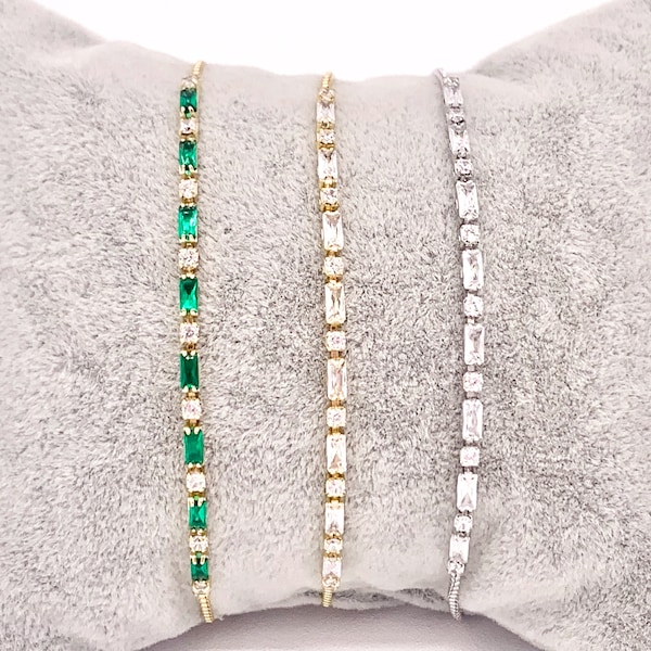 Dainty Emerald Cut CZ Pave Rhinestone Box Chain Dainty Slide Adjustable Bracelets in 18K Gold or Silver Plated Copper